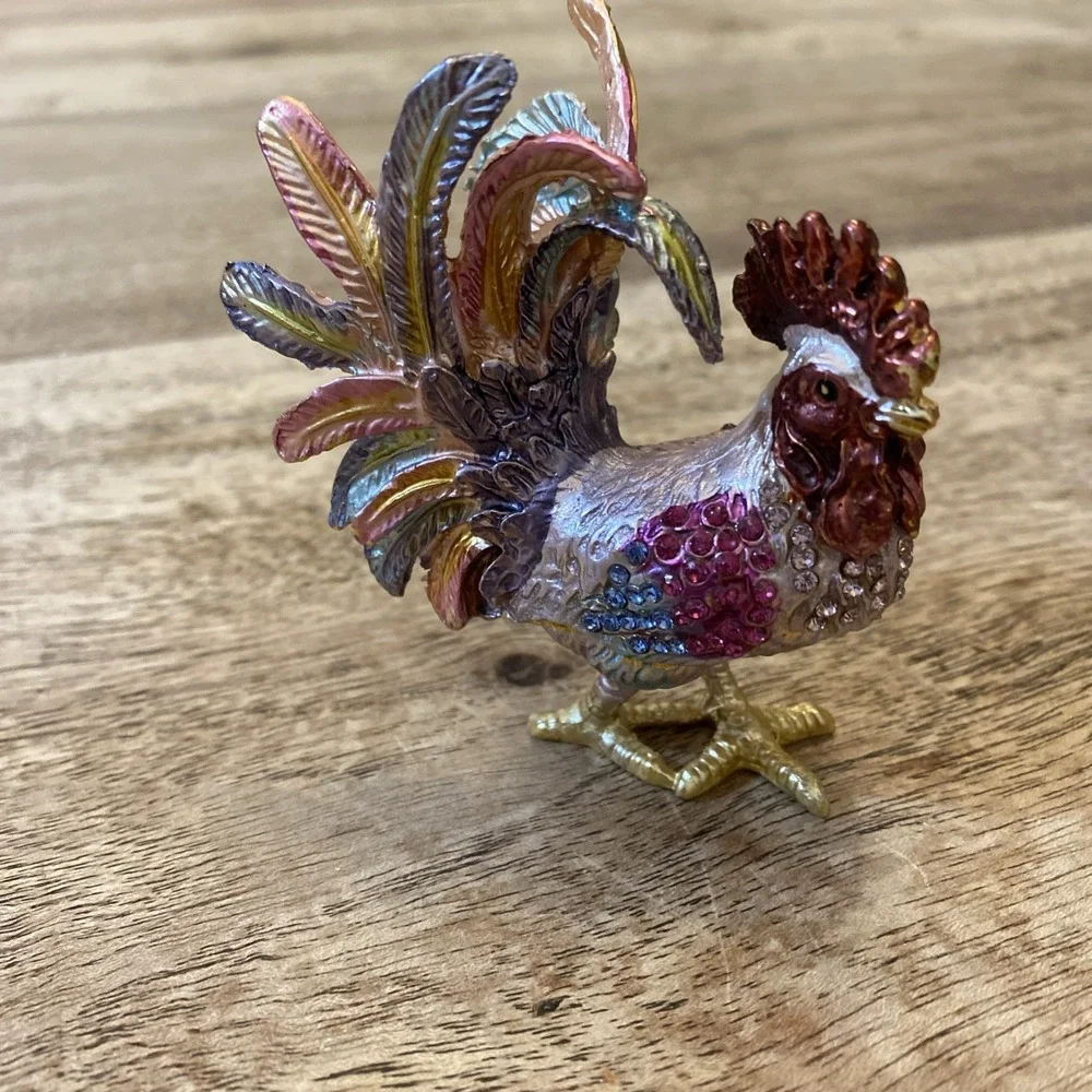 Multicolor Metal Bejewled Rooster Chicken Trinket Box Enameled Interior